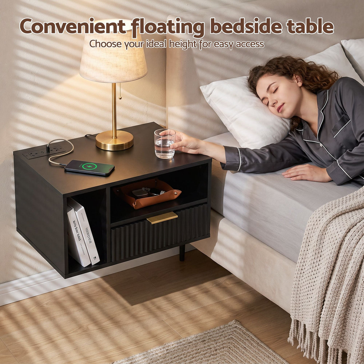 Floating Bedside Table with Charging Station and 1 Drawer - Black - Furniture > Bedroom > Bedside Tables - Rivercity House & Home Co. (ABN 18 642 972 209) - Affordable Modern Furniture Australia