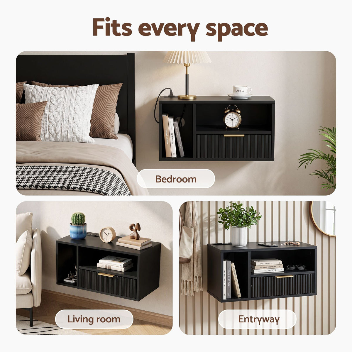 Floating Bedside Table with Charging Station and 1 Drawer - Black - Furniture > Bedroom > Bedside Tables - Rivercity House & Home Co. (ABN 18 642 972 209) - Affordable Modern Furniture Australia