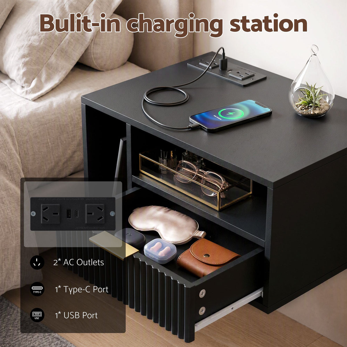 Floating Bedside Table with Charging Station and 1 Drawer - Black - Furniture > Bedroom > Bedside Tables - Rivercity House & Home Co. (ABN 18 642 972 209) - Affordable Modern Furniture Australia