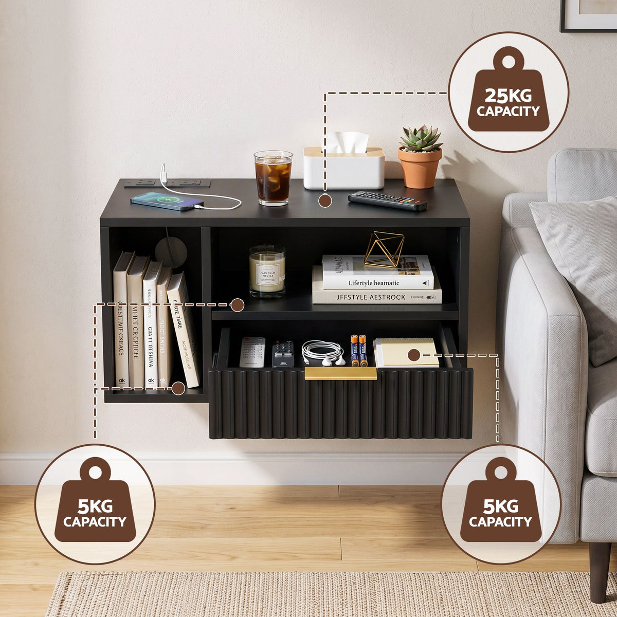 Floating Bedside Table with Charging Station and 1 Drawer - Black - Furniture > Bedroom > Bedside Tables - Rivercity House & Home Co. (ABN 18 642 972 209) - Affordable Modern Furniture Australia