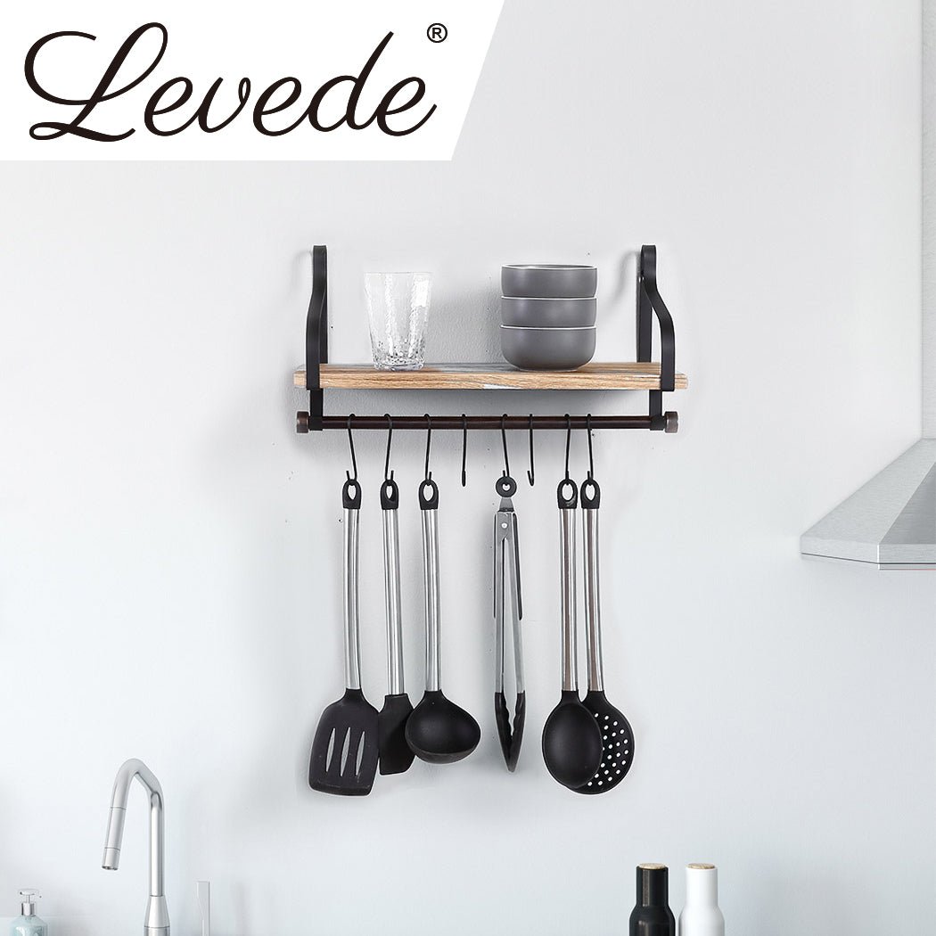 Floating Shelf with Hooks and Metal Backrest - Natural Wood - Rivercity House & Home Co. (ABN 18 642 972 209) - Affordable Modern Furniture Australia