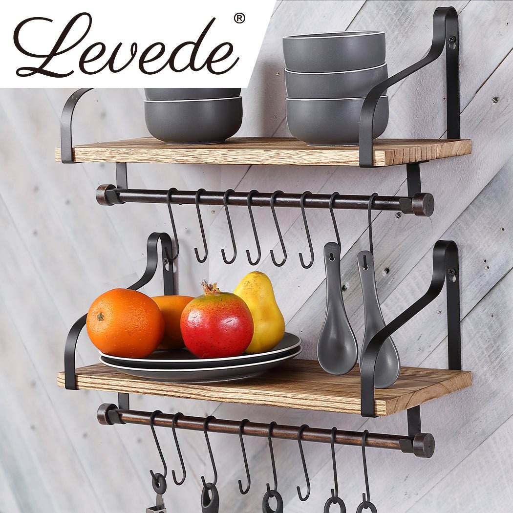 Floating Shelf with Hooks and Metal Backrest - Natural Wood - Rivercity House & Home Co. (ABN 18 642 972 209) - Affordable Modern Furniture Australia