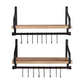 Floating Shelf with Hooks and Metal Backrest - Natural Wood