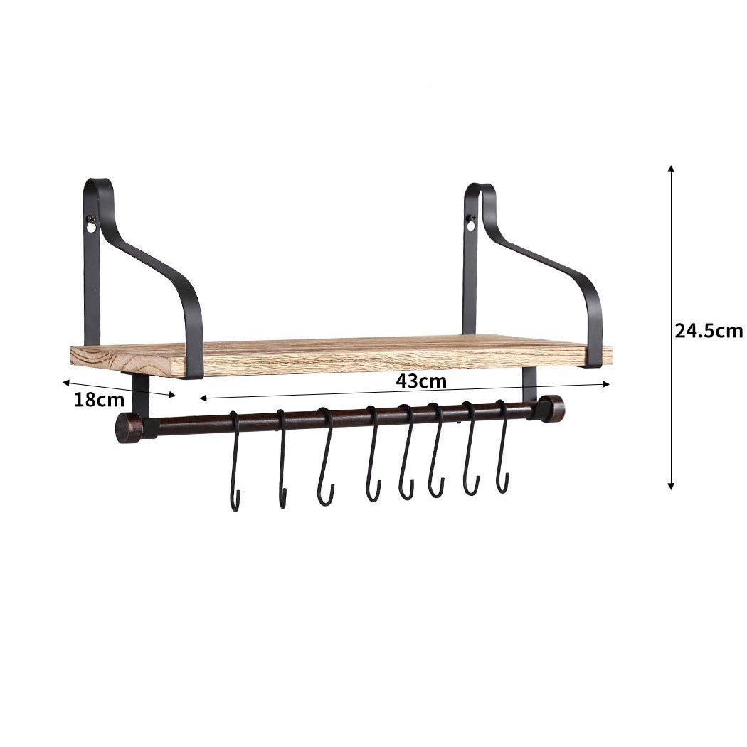 Floating Shelf with Hooks and Metal Backrest - Natural Wood - Rivercity House & Home Co. (ABN 18 642 972 209) - Affordable Modern Furniture Australia