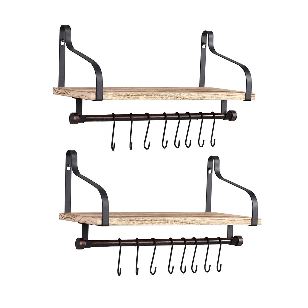 Floating Shelf with Hooks and Metal Backrest - Natural Wood - Rivercity House & Home Co. (ABN 18 642 972 209) - Affordable Modern Furniture Australia