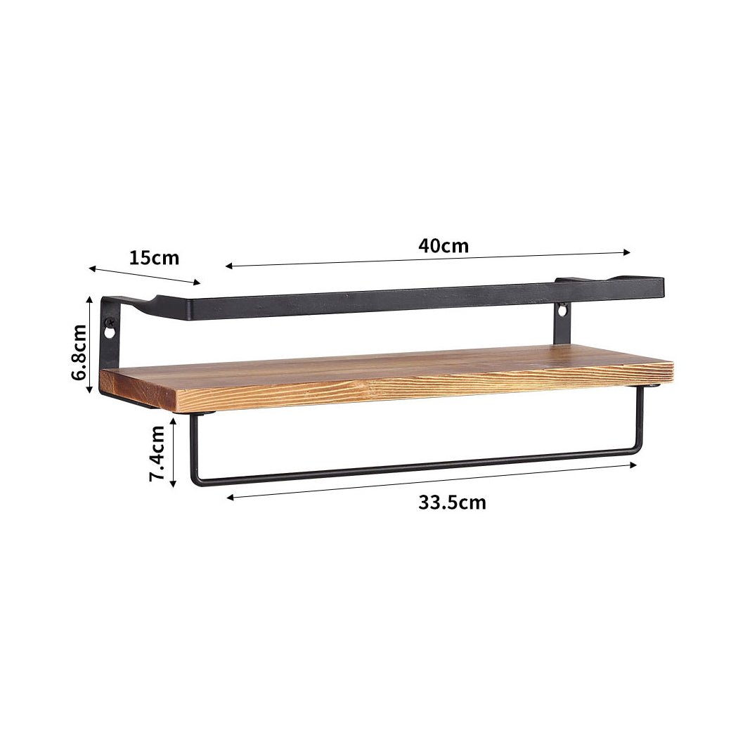 Floating Shelf with Metal Rail and Towel Bar 40cm x 15cm - Natural Wood - Rivercity House & Home Co. (ABN 18 642 972 209) - Affordable Modern Furniture Australia