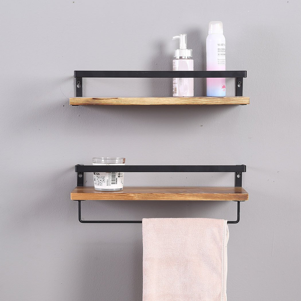 Floating Shelf with Metal Rail and Towel Bar 40cm x 15cm - Natural Wood - Rivercity House & Home Co. (ABN 18 642 972 209) - Affordable Modern Furniture Australia