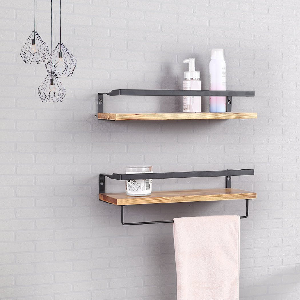 Floating Shelf with Metal Rail and Towel Bar 40cm x 15cm - Natural Wood - Rivercity House & Home Co. (ABN 18 642 972 209) - Affordable Modern Furniture Australia