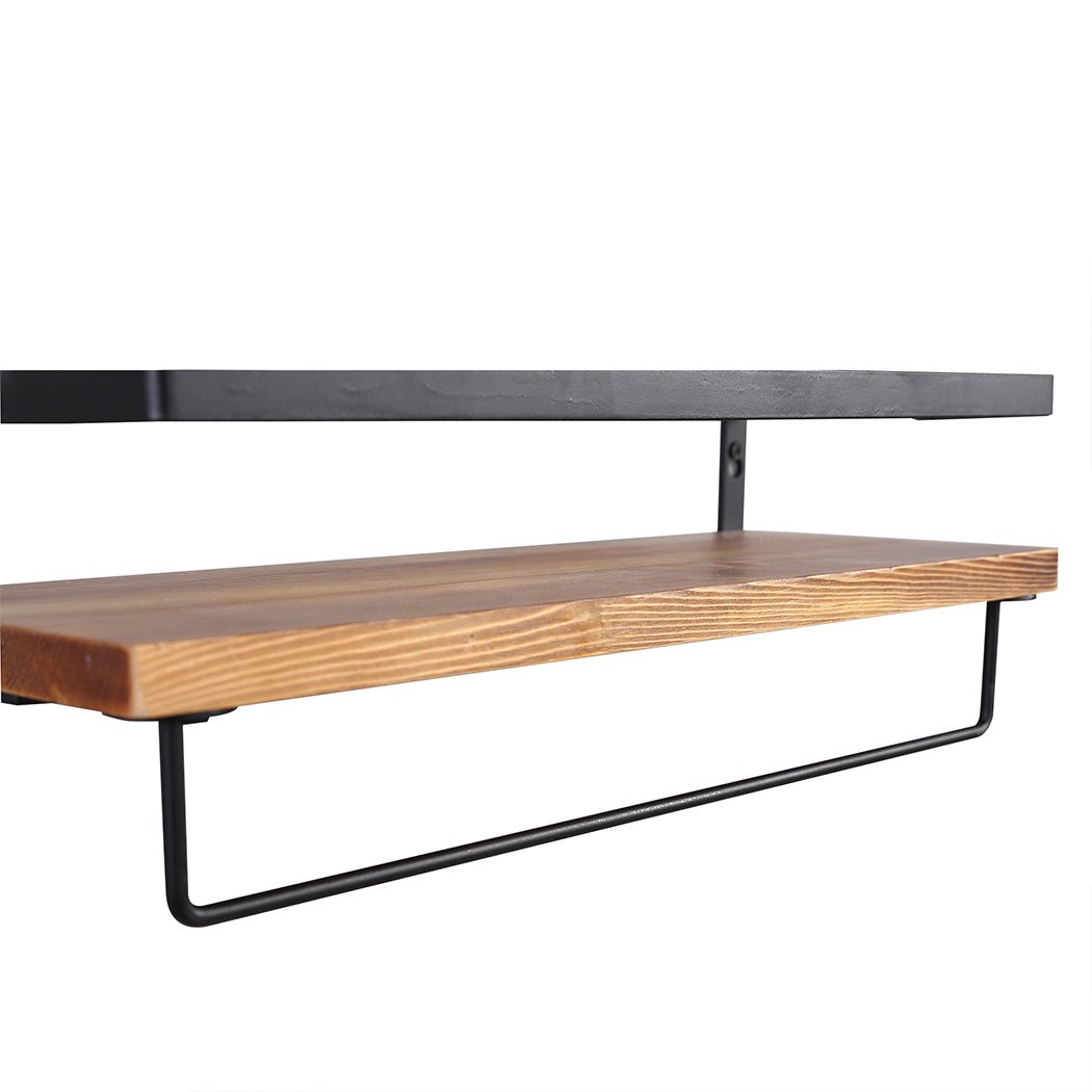 Floating Shelf with Metal Rail and Towel Bar 40cm x 15cm - Natural Wood - Rivercity House & Home Co. (ABN 18 642 972 209) - Affordable Modern Furniture Australia