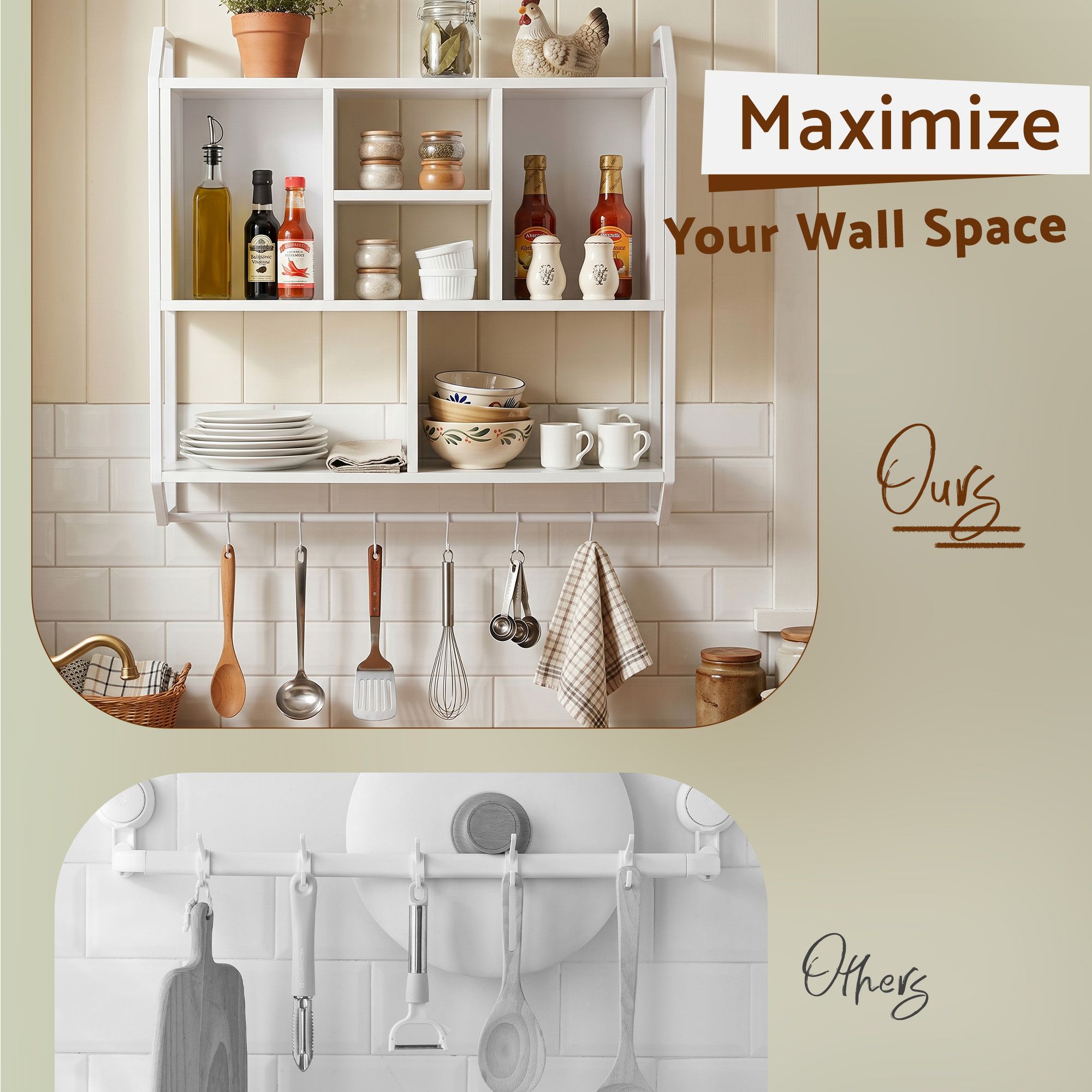Floating Wall Shelf with 6 Hooks and Storage Cubbies 73.5x74cm - White - Furniture > Living Room > Bookcases & Shelves - Rivercity House & Home Co. (ABN 18 642 972 209) - Affordable Modern Furniture Australia