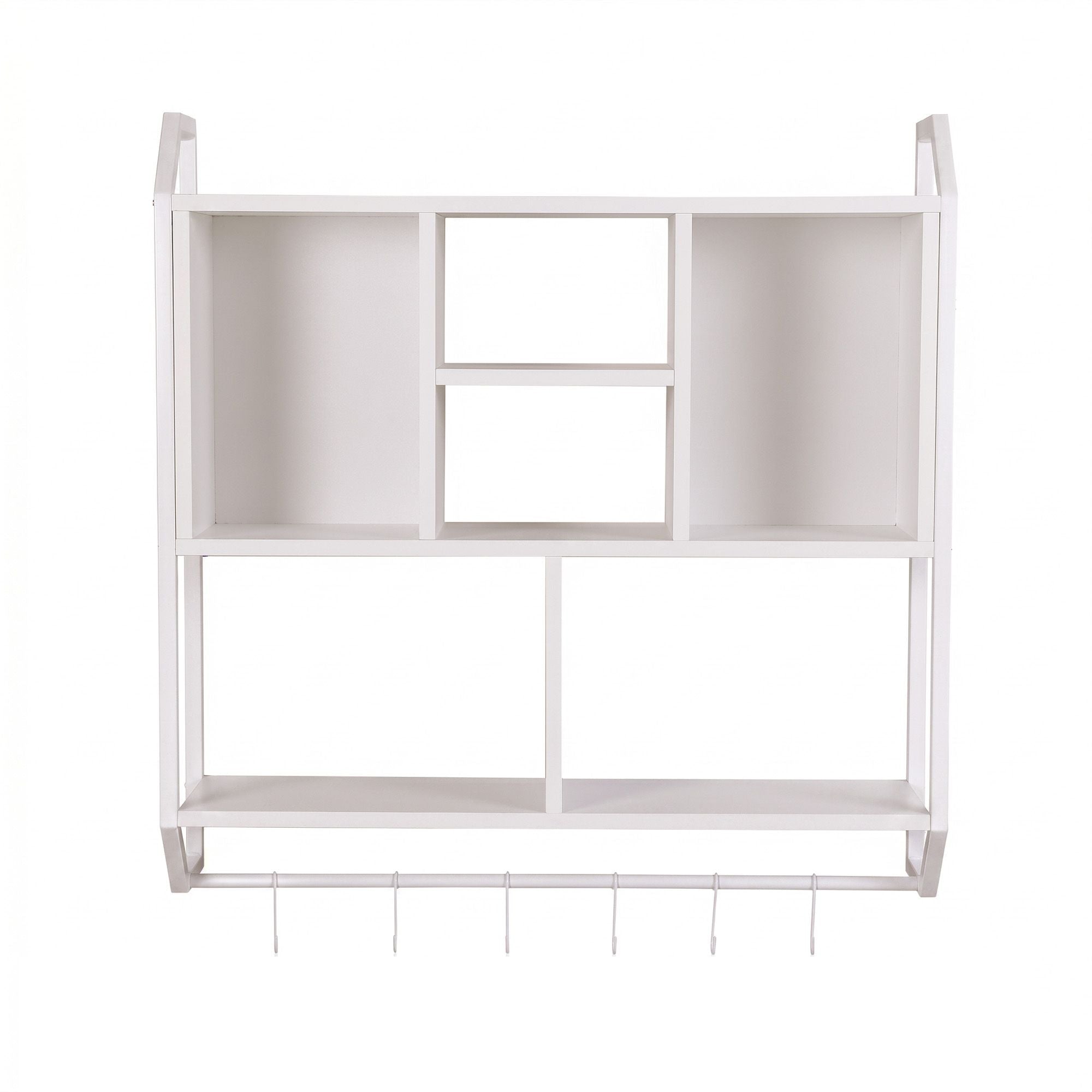 Floating Wall Shelf with 6 Hooks and Storage Cubbies 73.5x74cm - White - Furniture > Living Room > Bookcases & Shelves - Rivercity House & Home Co. (ABN 18 642 972 209) - Affordable Modern Furniture Australia