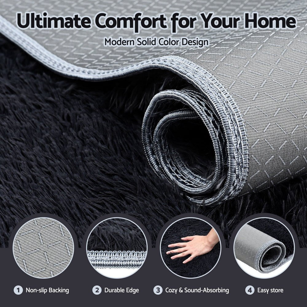 Floor Rug 200x230cm Plush Area Shaggy Rug Living Room Bedroom Carpet Black - Home & Garden > Rugs > Floor Rugs - Rivercity House & Home Co. (ABN 18 642 972 209) - Affordable Modern Furniture Australia