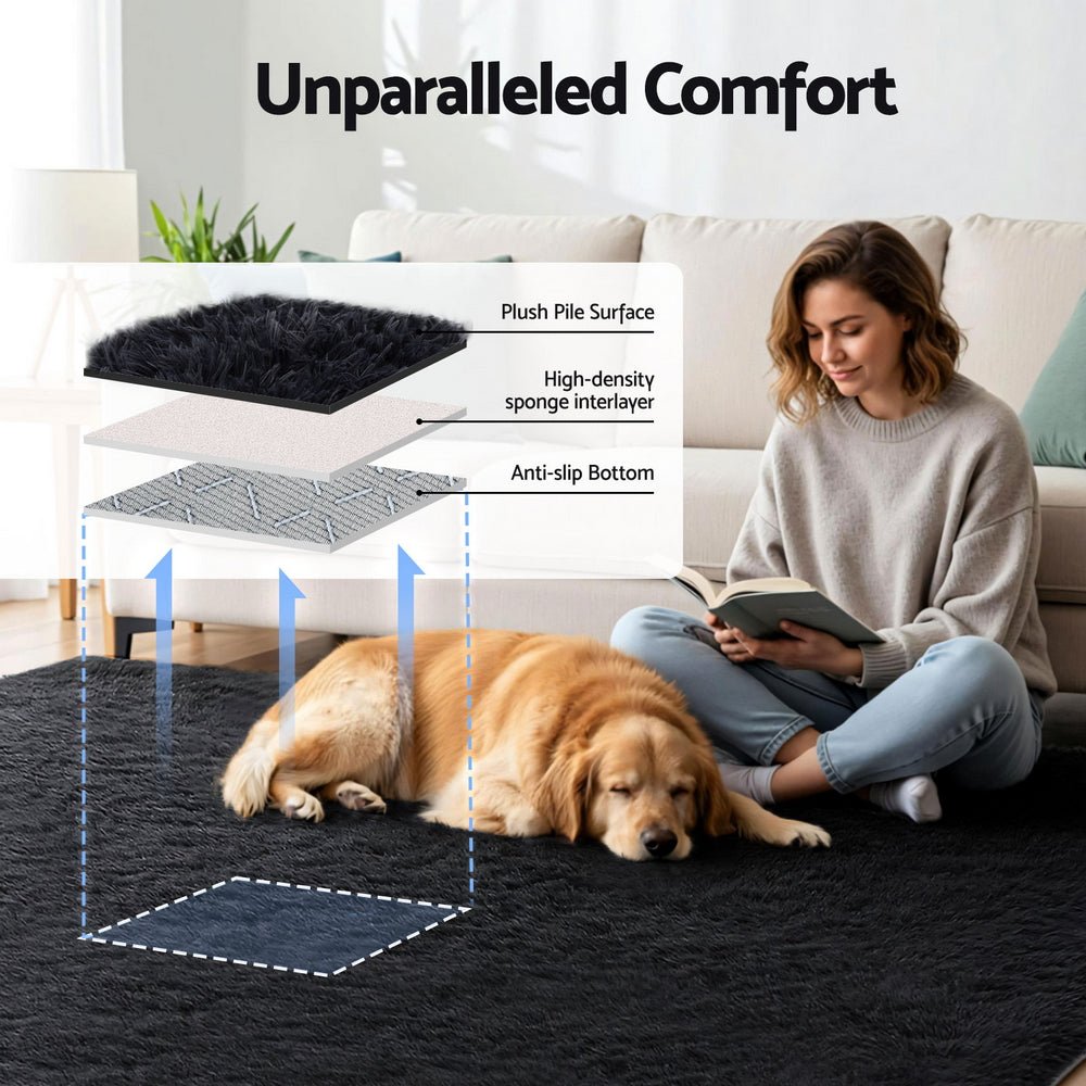 Floor Rug 200x290cm Plush Area Shaggy Rug Living Room Bedroom Carpet Black - Home & Garden > Rugs > Floor Rugs - Rivercity House & Home Co. (ABN 18 642 972 209) - Affordable Modern Furniture Australia