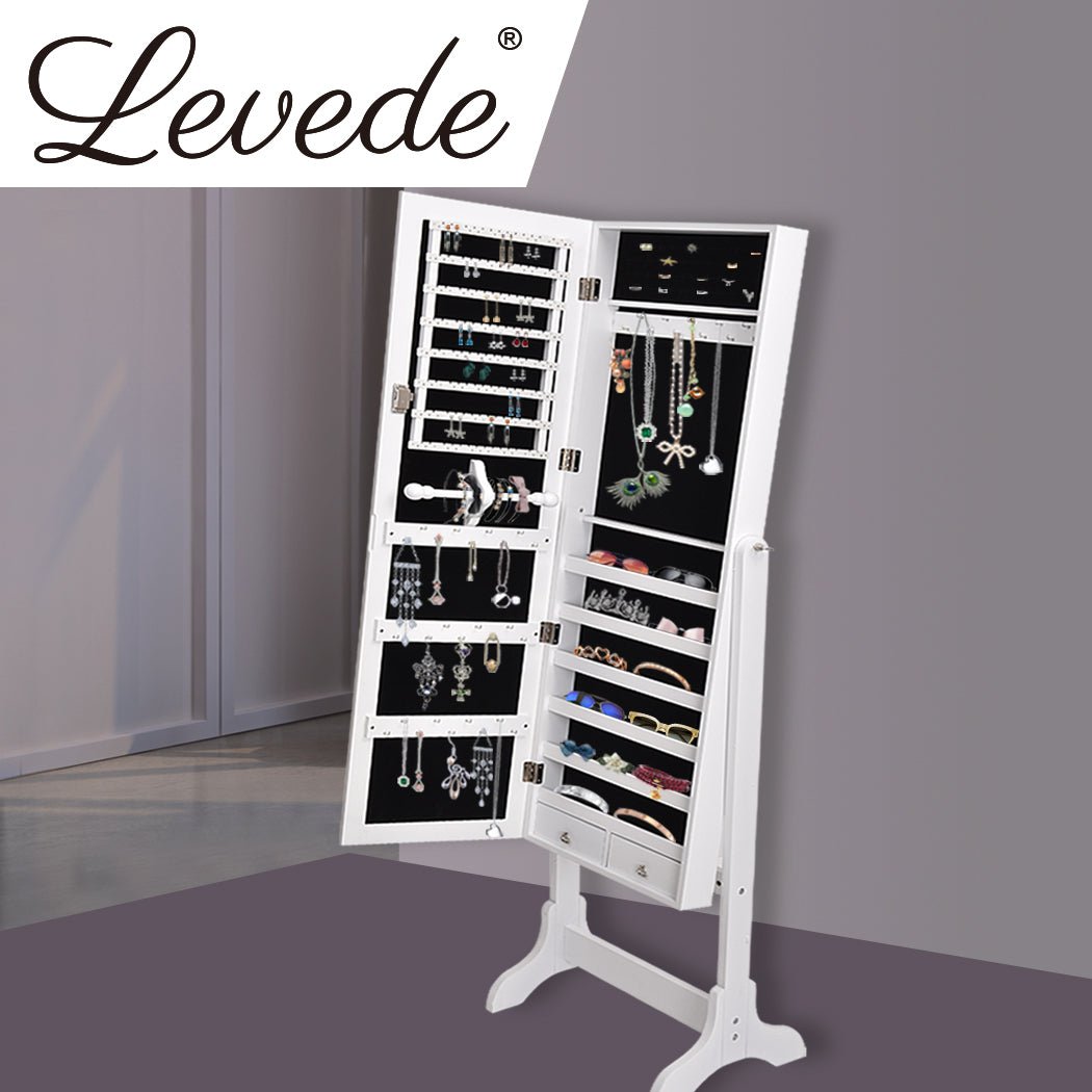 Floor Standing Mirror Jewellery and Makeup Cabinet with Drawers and Shelves - White - Rivercity House & Home Co. (ABN 18 642 972 209) - Affordable Modern Furniture Australia
