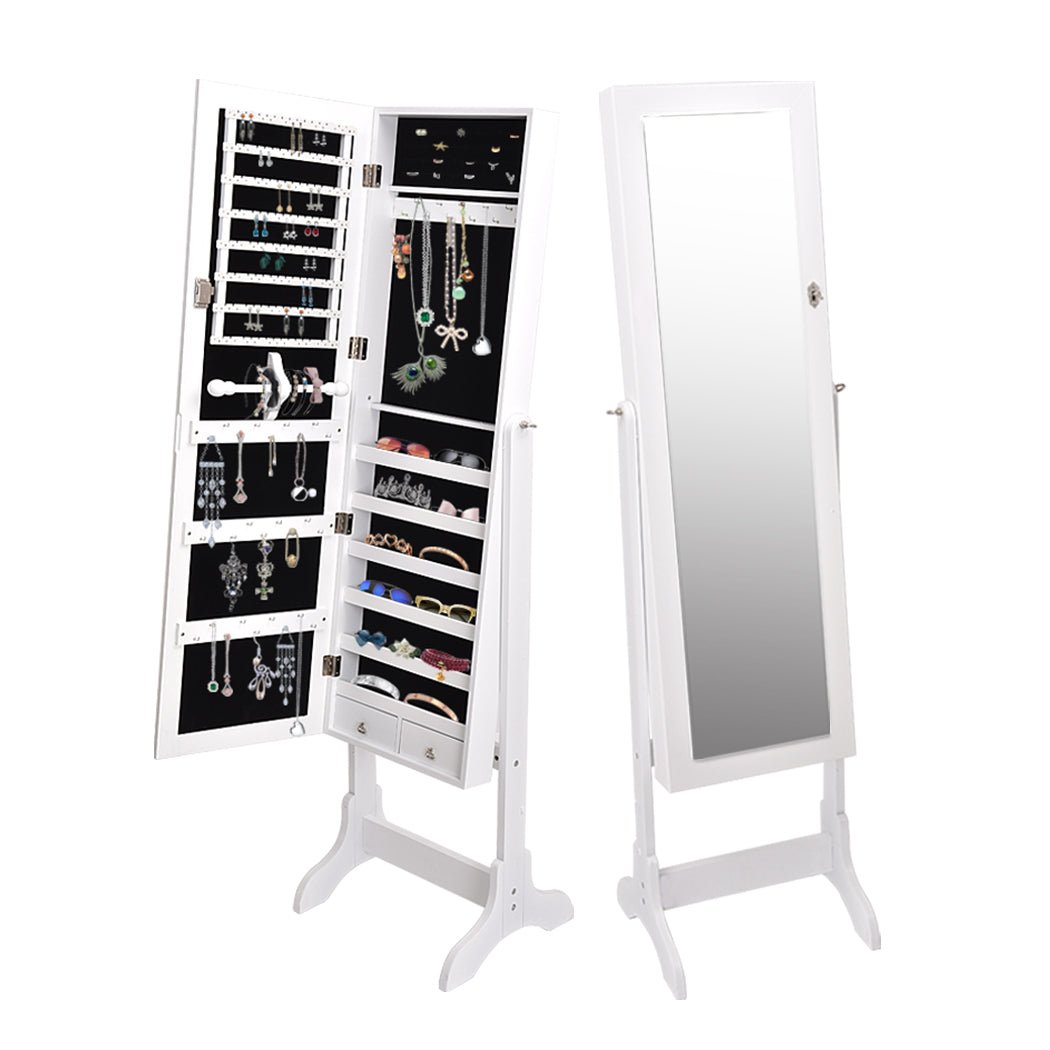 Floor Standing Mirror Jewellery and Makeup Cabinet with Drawers and Shelves - White - Rivercity House & Home Co. (ABN 18 642 972 209) - Affordable Modern Furniture Australia
