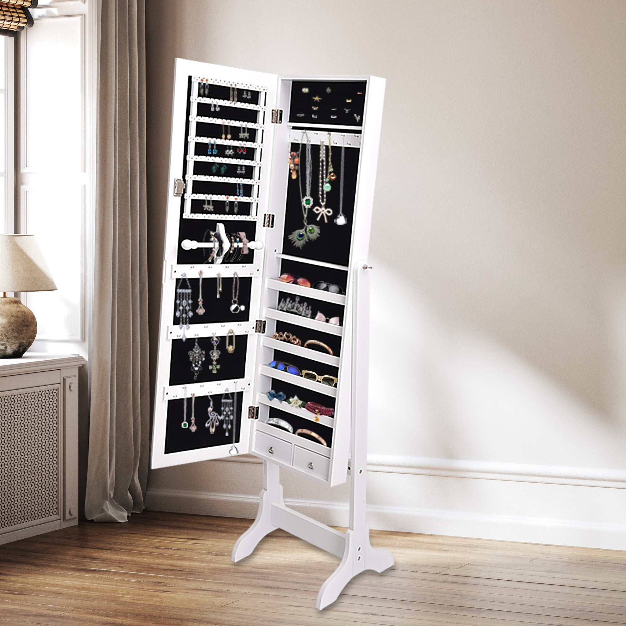 Floor Standing Mirror Jewellery and Makeup Cabinet with Drawers and Shelves - White - Rivercity House & Home Co. (ABN 18 642 972 209) - Affordable Modern Furniture Australia