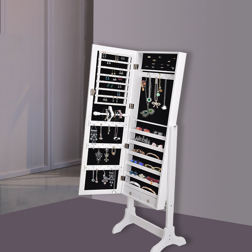 Floor Standing Mirror Jewellery and Makeup Cabinet with Drawers and Shelves - White - Rivercity House & Home Co. (ABN 18 642 972 209) - Affordable Modern Furniture Australia