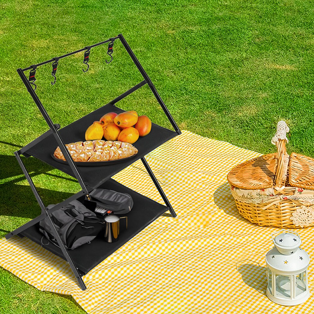 Foldable 2 - Layer Camping Storage Shelves with Hooks - Black - Rivercity House & Home Co. (ABN 18 642 972 209) - Affordable Modern Furniture Australia