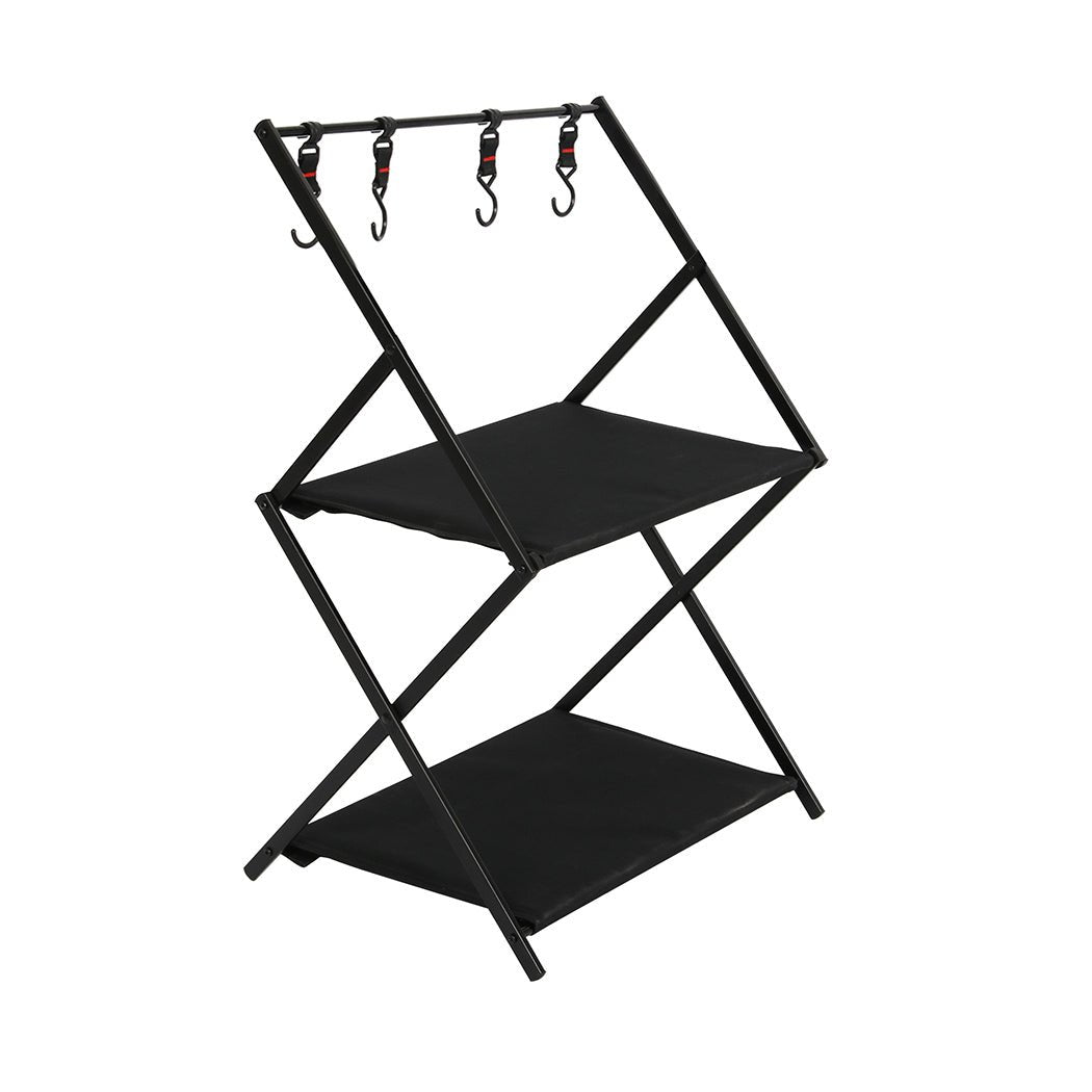 Foldable 2 - Layer Camping Storage Shelves with Hooks - Black - Rivercity House & Home Co. (ABN 18 642 972 209) - Affordable Modern Furniture Australia