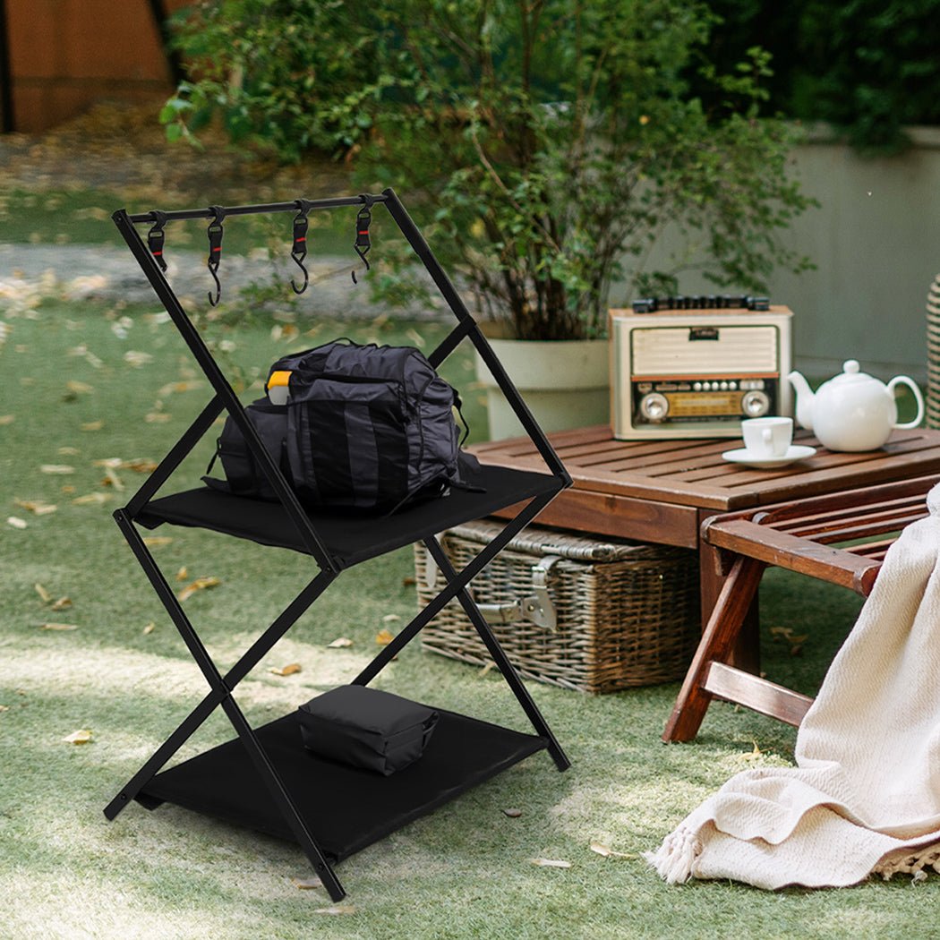 Foldable 2 - Layer Camping Storage Shelves with Hooks - Black - Rivercity House & Home Co. (ABN 18 642 972 209) - Affordable Modern Furniture Australia
