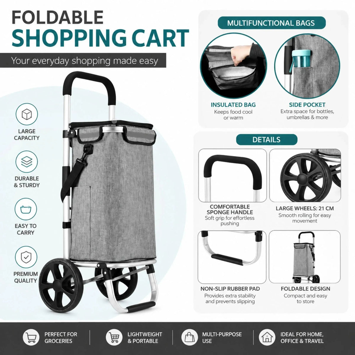 Foldable Aluminium Shopping Trolley 45L with Insulated Bag and Waterproof Oxford Cloth - Grey - Home & Garden > Kitchenware > Food Storage - Rivercity House & Home Co. (ABN 18 642 972 209) - Affordable Modern Furniture Australia