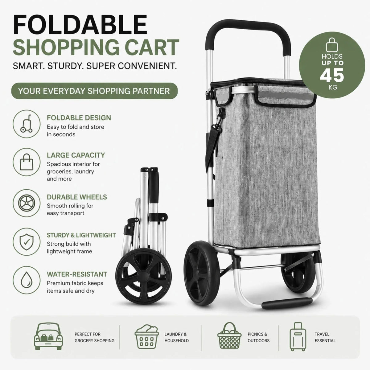 Foldable Aluminium Shopping Trolley 45L with Insulated Bag and Waterproof Oxford Cloth - Grey - Home & Garden > Kitchenware > Food Storage - Rivercity House & Home Co. (ABN 18 642 972 209) - Affordable Modern Furniture Australia