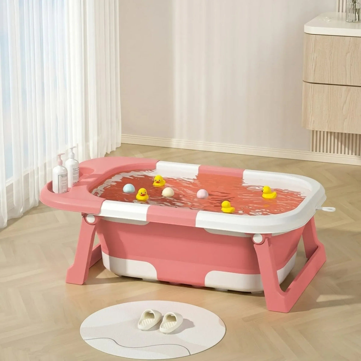 Foldable Baby Bath Tub with Collapsible Frame and Built-in Shelf - Pink - Home & Garden > Bathroom Accessories > Toilet & Bidet Accessories - Rivercity House & Home Co. (ABN 18 642 972 209) - Affordable Modern Furniture Australia