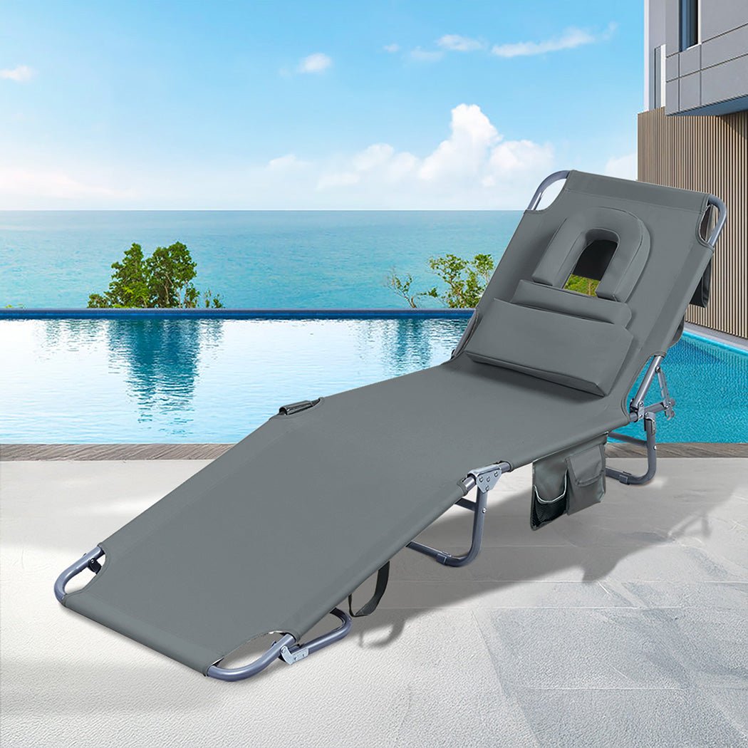 Foldable Beach Lounge Chair with Face Hole and Pillows - Grey - Rivercity House & Home Co. (ABN 18 642 972 209) - Affordable Modern Furniture Australia