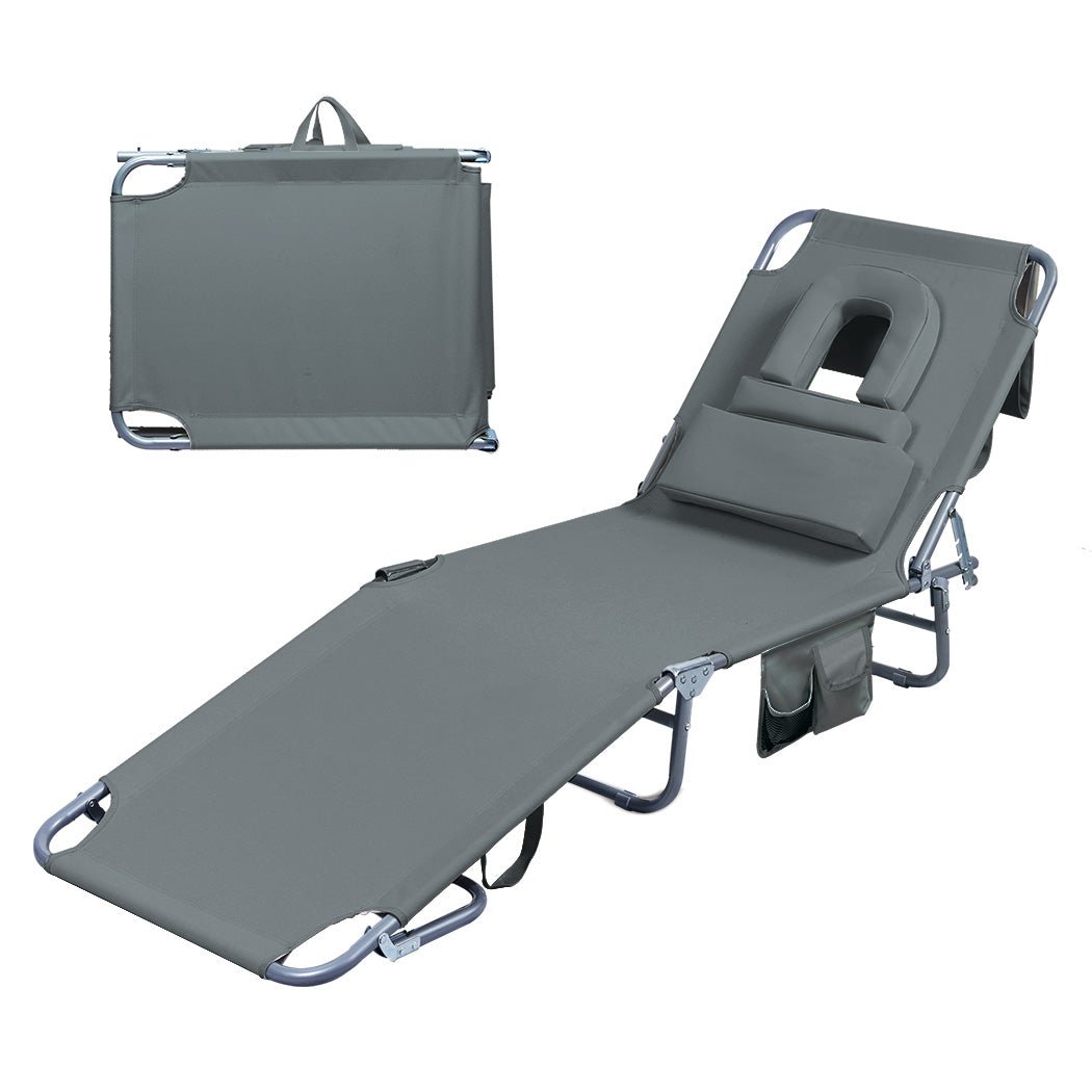 Foldable Beach Lounge Chair with Face Hole and Pillows - Grey - Rivercity House & Home Co. (ABN 18 642 972 209) - Affordable Modern Furniture Australia