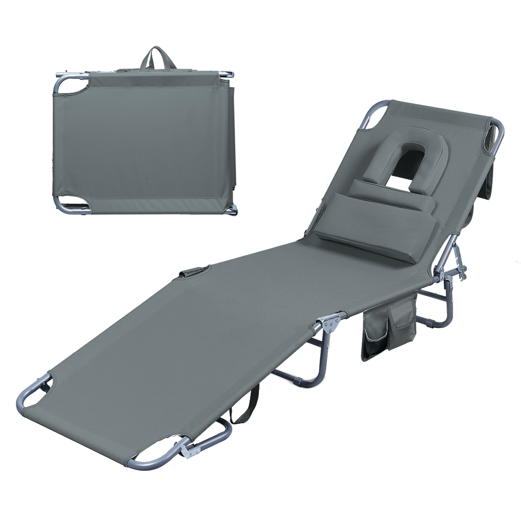Foldable Beach Lounge Chair with Face Hole and Pillows - Grey - Rivercity House & Home Co. (ABN 18 642 972 209) - Affordable Modern Furniture Australia