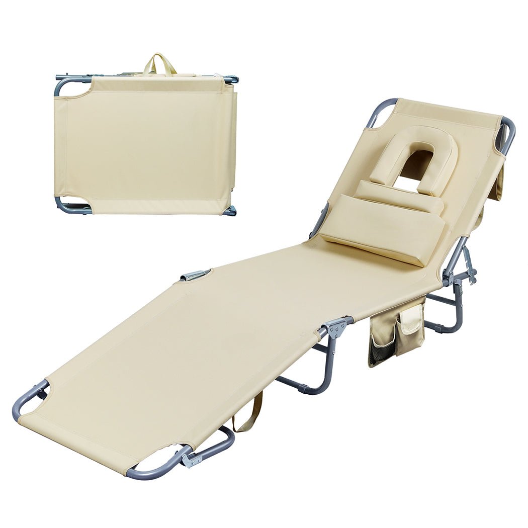 Foldable Beach Lounge Chair with Face Hole and Pillows - Khaki - Rivercity House & Home Co. (ABN 18 642 972 209) - Affordable Modern Furniture Australia