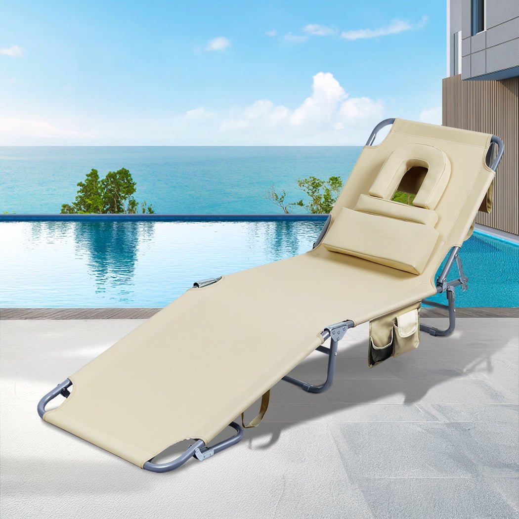 Foldable Beach Lounge Chair with Face Hole and Pillows - Khaki - Rivercity House & Home Co. (ABN 18 642 972 209) - Affordable Modern Furniture Australia