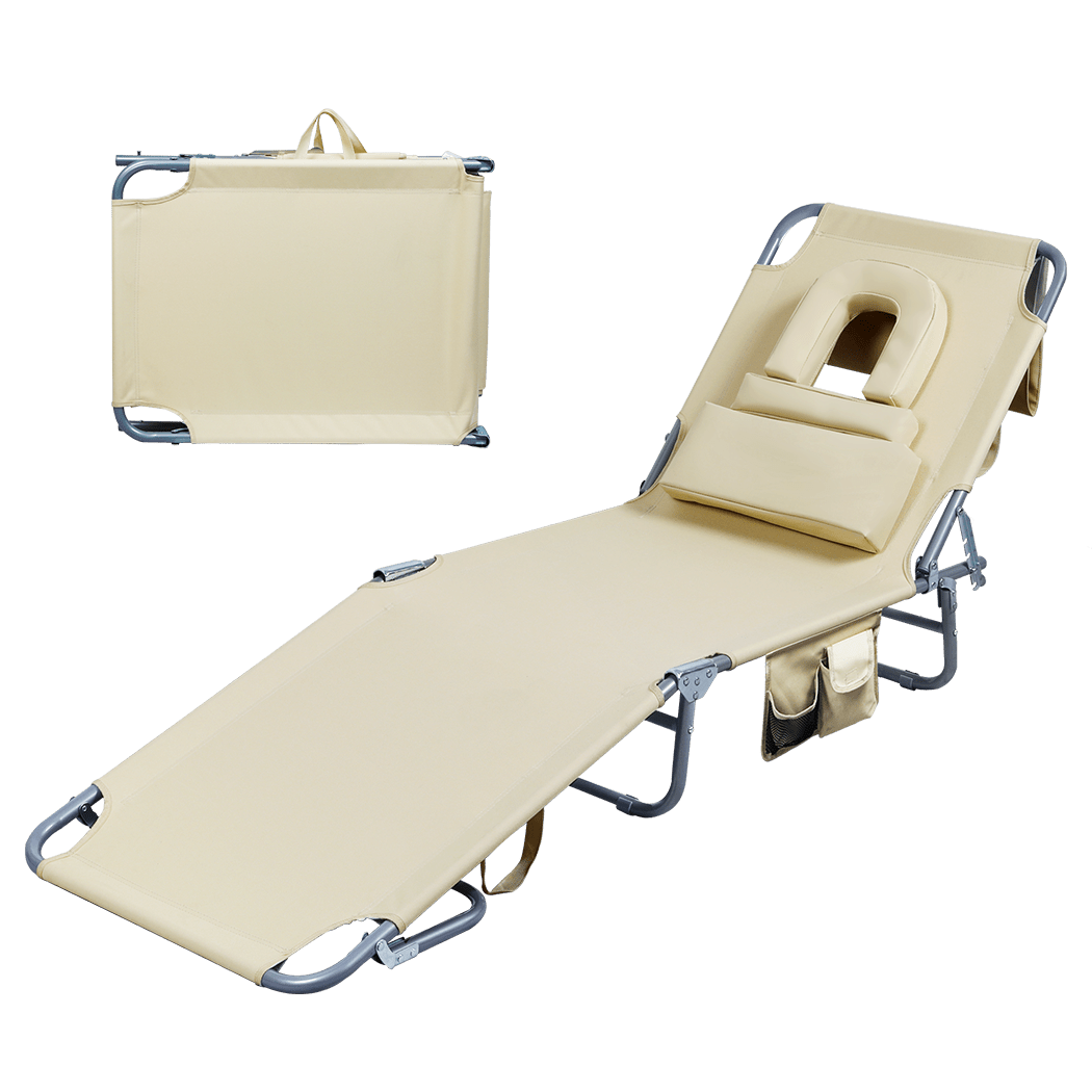 Foldable Beach Lounge Chair with Face Hole and Pillows - Khaki - Rivercity House & Home Co. (ABN 18 642 972 209) - Affordable Modern Furniture Australia