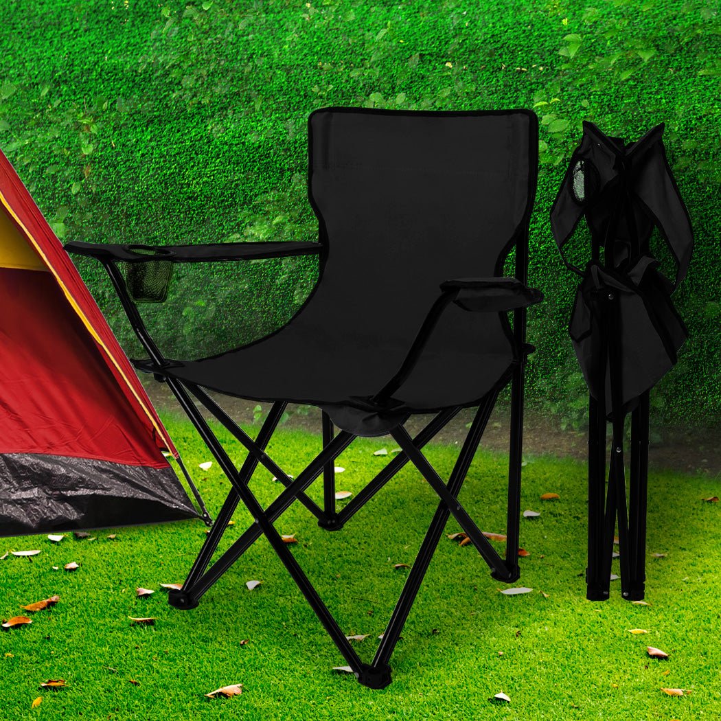 Foldable Camping Chair with Armrests and Drink Holder - Black - Rivercity House & Home Co. (ABN 18 642 972 209) - Affordable Modern Furniture Australia