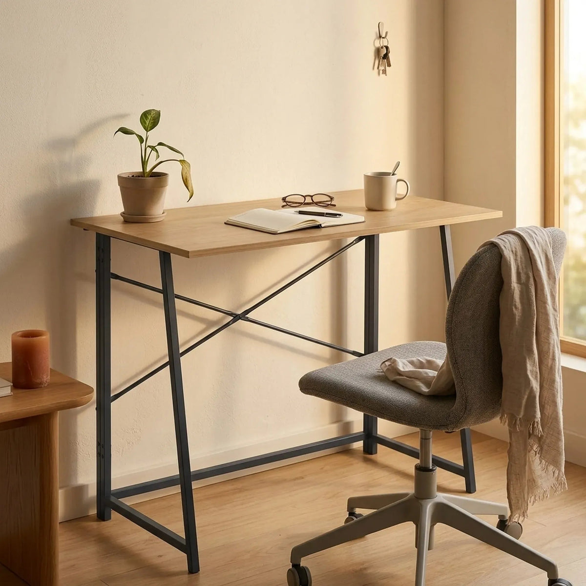 Foldable Computer Desk with Oak Finish and Steel Frame - Brown - Furniture > Office > Desks - Rivercity House & Home Co. (ABN 18 642 972 209) - Affordable Modern Furniture Australia