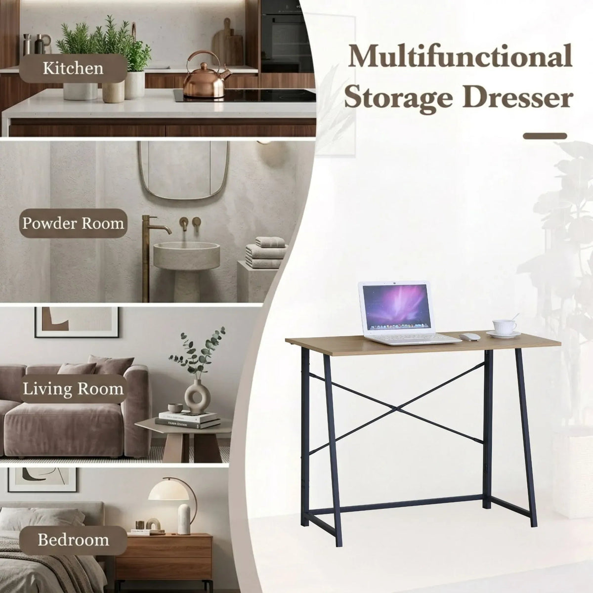 Foldable Computer Desk with Oak Finish and Steel Frame - Brown - Furniture > Office > Desks - Rivercity House & Home Co. (ABN 18 642 972 209) - Affordable Modern Furniture Australia