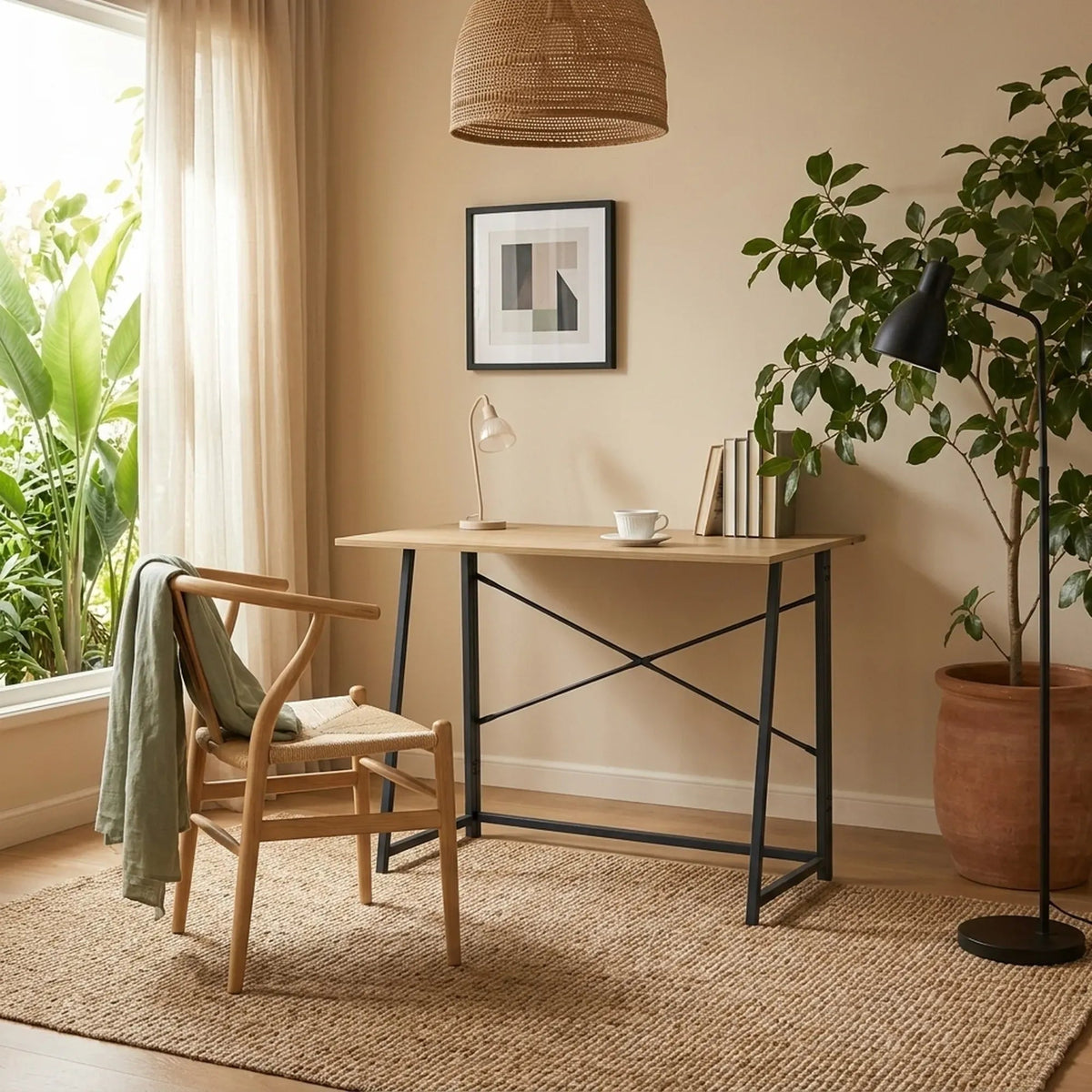 Foldable Computer Desk with Oak Finish and Steel Frame - Brown - Furniture > Office > Desks - Rivercity House & Home Co. (ABN 18 642 972 209) - Affordable Modern Furniture Australia