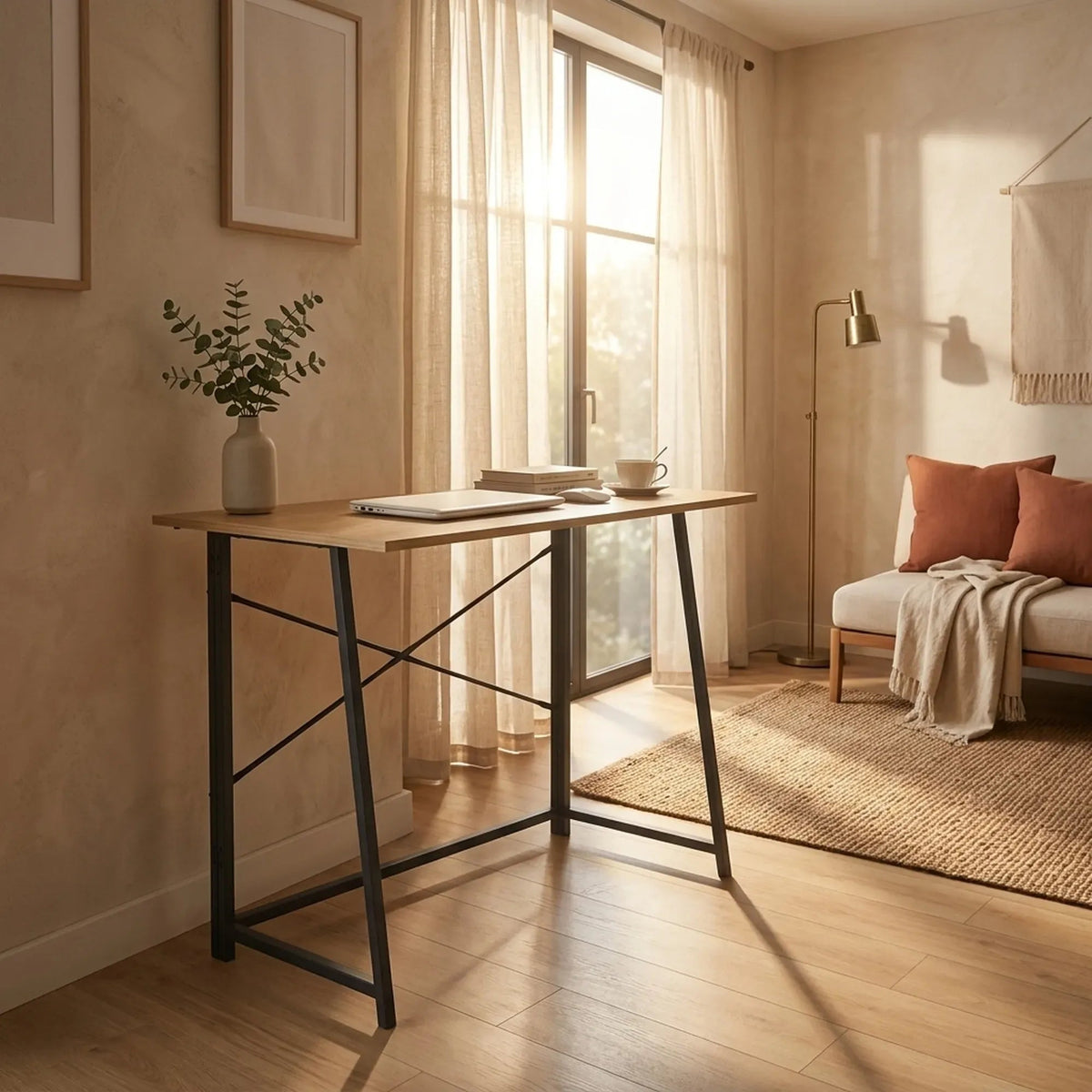 Foldable Computer Desk with Oak Finish and Steel Frame - Brown - Furniture > Office > Desks - Rivercity House & Home Co. (ABN 18 642 972 209) - Affordable Modern Furniture Australia