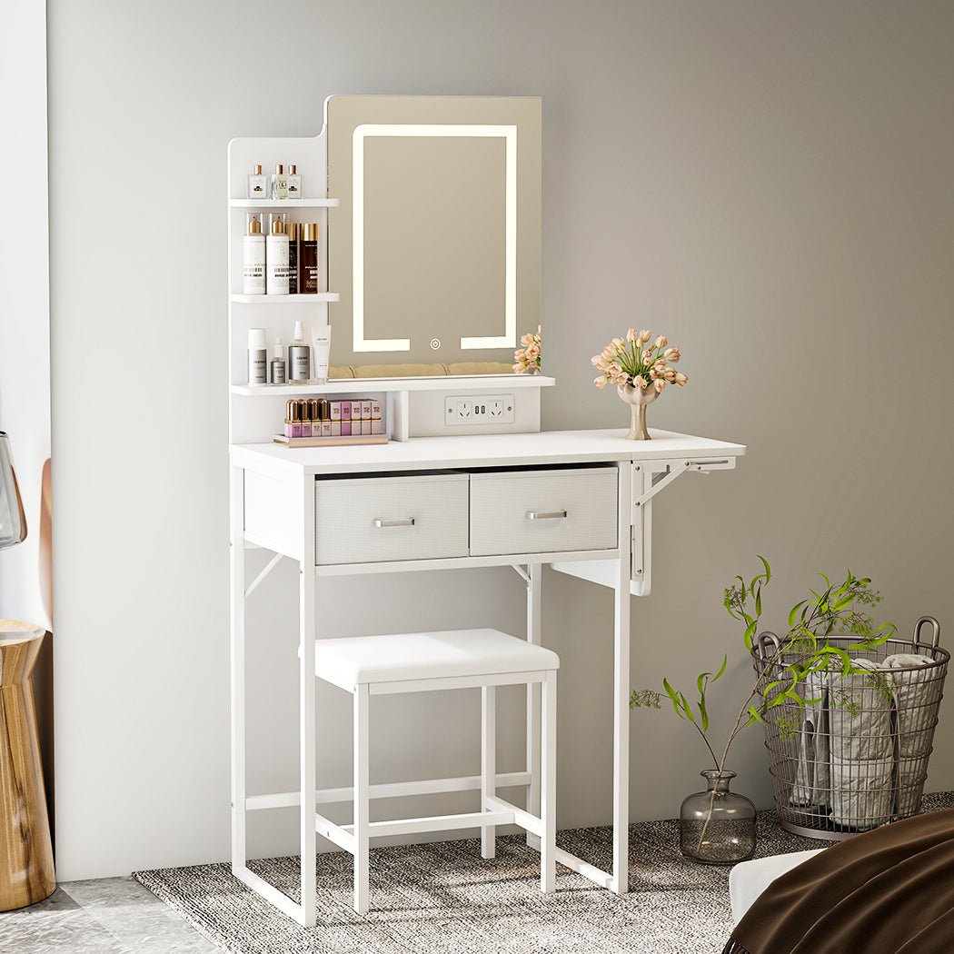 Foldable Dressing Table Vanity Desk with LED Makeup Mirror & Stool - White - Rivercity House & Home Co. (ABN 18 642 972 209) - Affordable Modern Furniture Australia