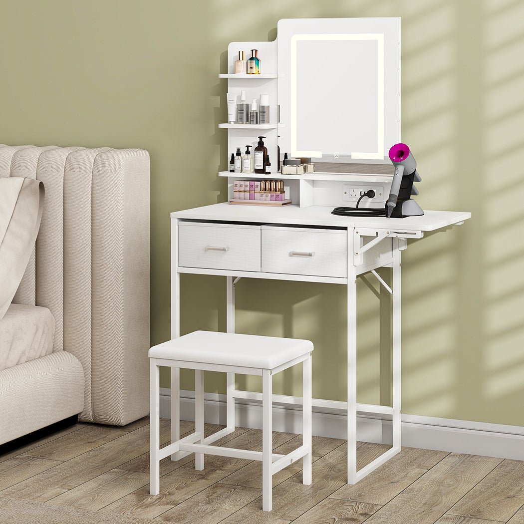 Foldable Dressing Table Vanity Desk with LED Makeup Mirror & Stool - White - Rivercity House & Home Co. (ABN 18 642 972 209) - Affordable Modern Furniture Australia