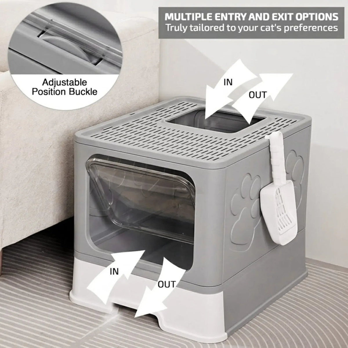 Foldable Enclosed Cat Litter Box with Scoop and Front Door - Grey - Pet Care > Cat Supplies > Cat Furniture - Rivercity House & Home Co. (ABN 18 642 972 209) - Affordable Modern Furniture Australia