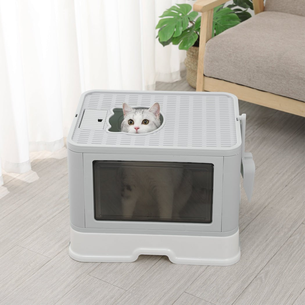 Foldable Enclosed Cat Litter Box with Scoop - Grey - Rivercity House & Home Co. (ABN 18 642 972 209) - Affordable Modern Furniture Australia