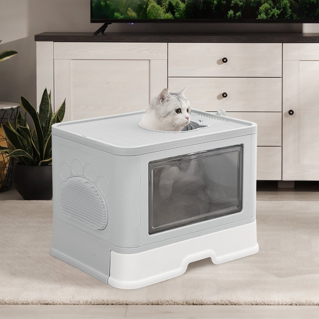 Foldable Enclosed Cat Litter Box with Scoop - Grey - Rivercity House & Home Co. (ABN 18 642 972 209) - Affordable Modern Furniture Australia