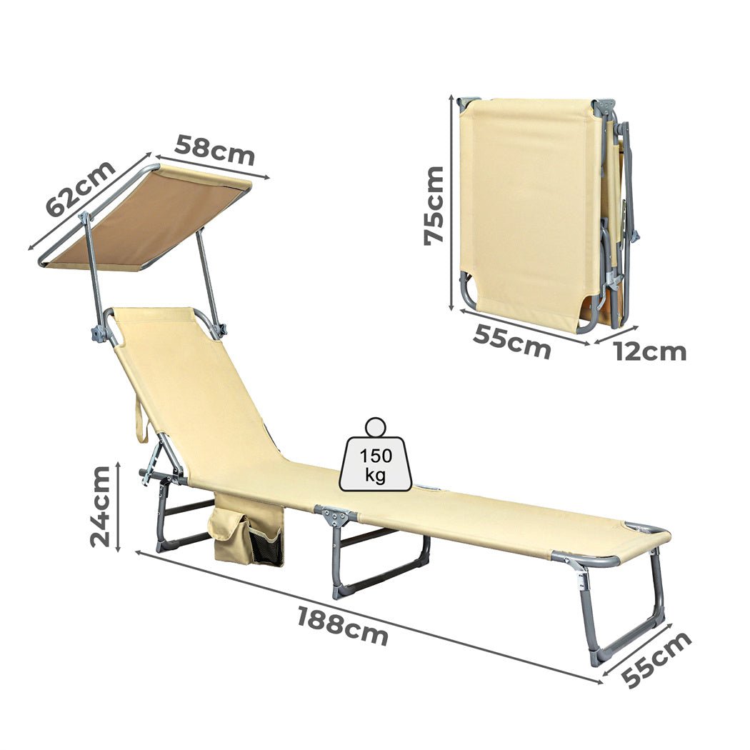 Foldable Lounge Chair with Adjustable Canopy and Storage Pocket - Khaki - Rivercity House & Home Co. (ABN 18 642 972 209) - Affordable Modern Furniture Australia