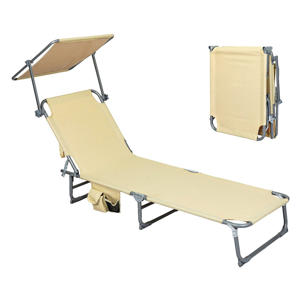 Foldable Lounge Chair with Adjustable Canopy and Storage Pocket - Khaki - Rivercity House & Home Co. (ABN 18 642 972 209) - Affordable Modern Furniture Australia