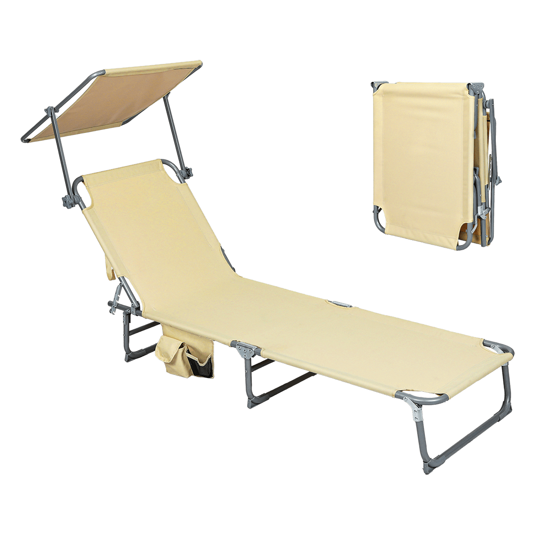 Foldable Lounge Chair with Adjustable Canopy and Storage Pocket - Khaki - Rivercity House & Home Co. (ABN 18 642 972 209) - Affordable Modern Furniture Australia