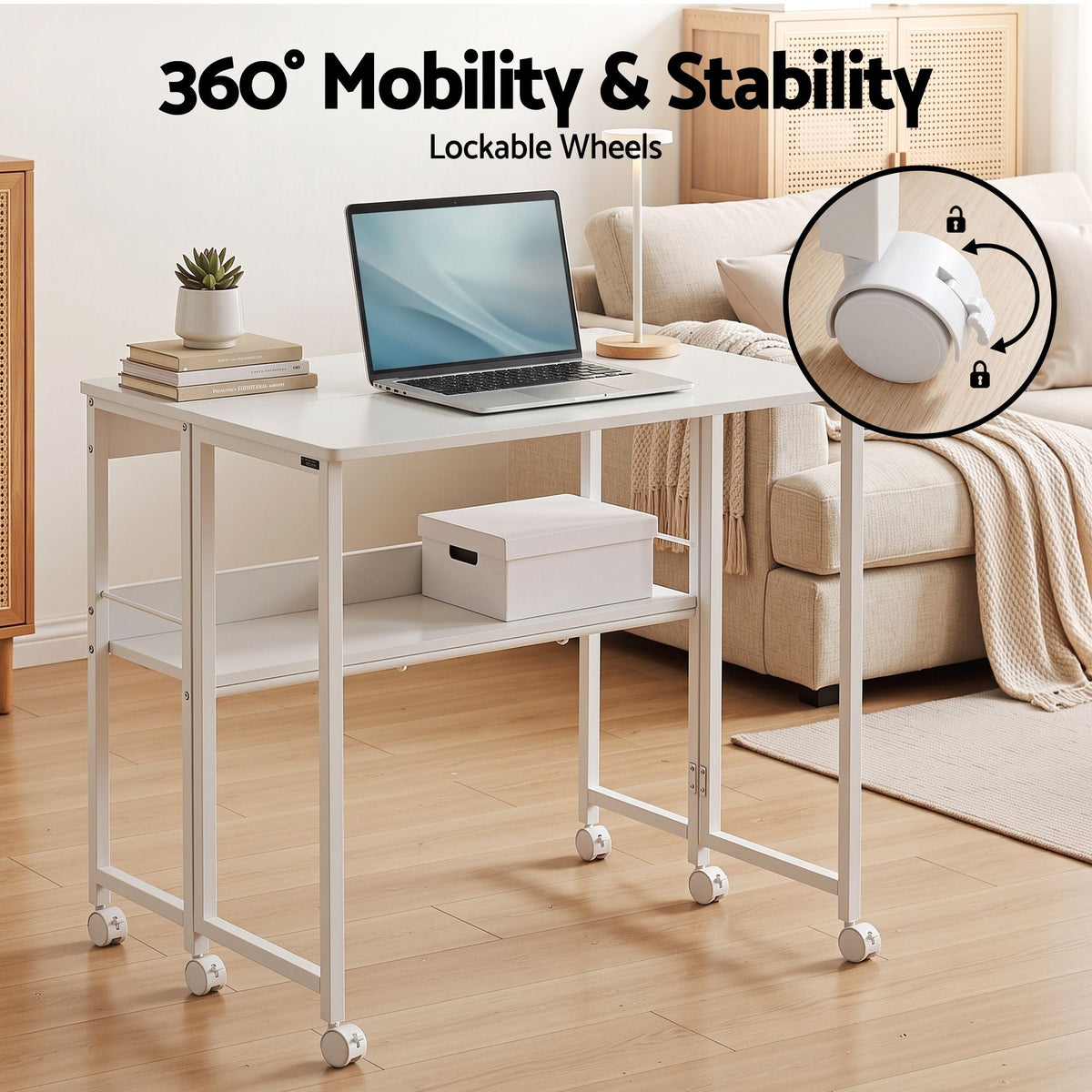 Foldable Mobile Computer Desk with Storage Shelf and Lockable Wheels 80cm - White - Furniture > Office > Desks - Rivercity House & Home Co. (ABN 18 642 972 209) - Affordable Modern Furniture Australia
