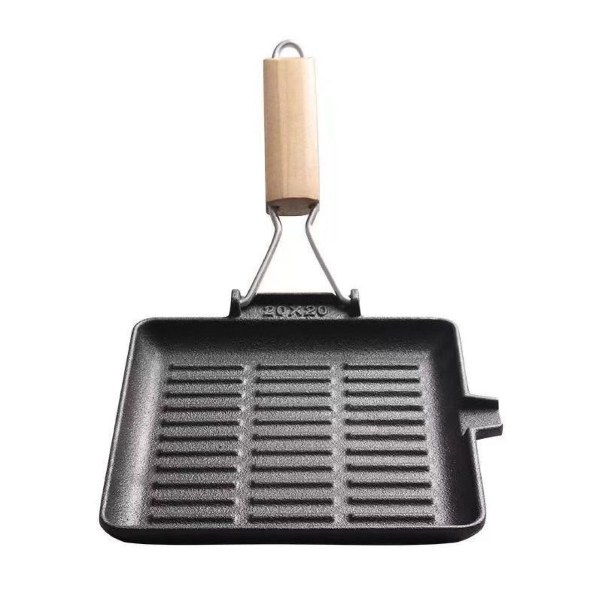 Foldable Non-Stick Iron Grill Pan with Lid and Wooden Handle 20 cm - Black - Outdoor Recreation > Camping > Camping Appliances - Rivercity House & Home Co. (ABN 18 642 972 209) - Affordable Modern Furniture Australia