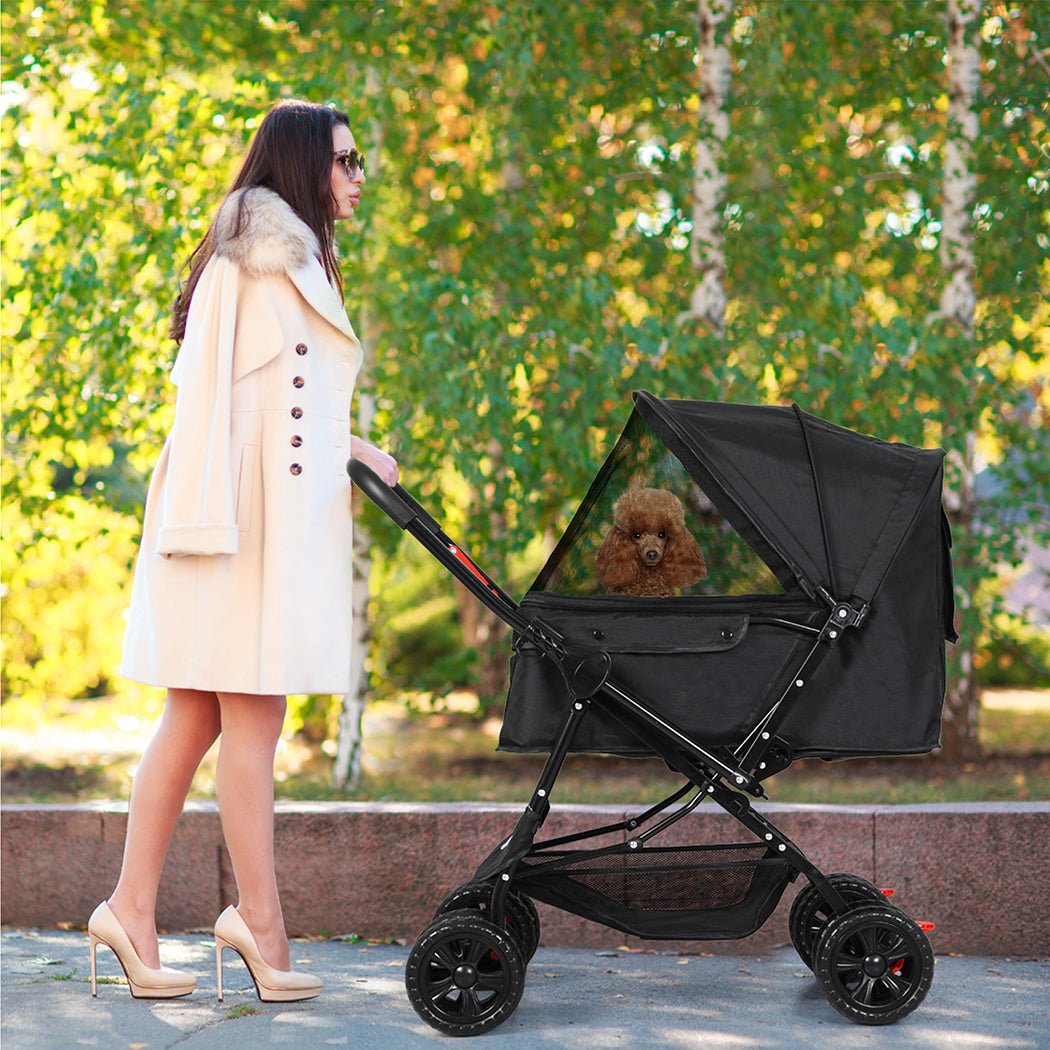 Foldable Pet Stroller Dog Cat Carrier with Storage Basket - Black - Rivercity House & Home Co. (ABN 18 642 972 209) - Affordable Modern Furniture Australia