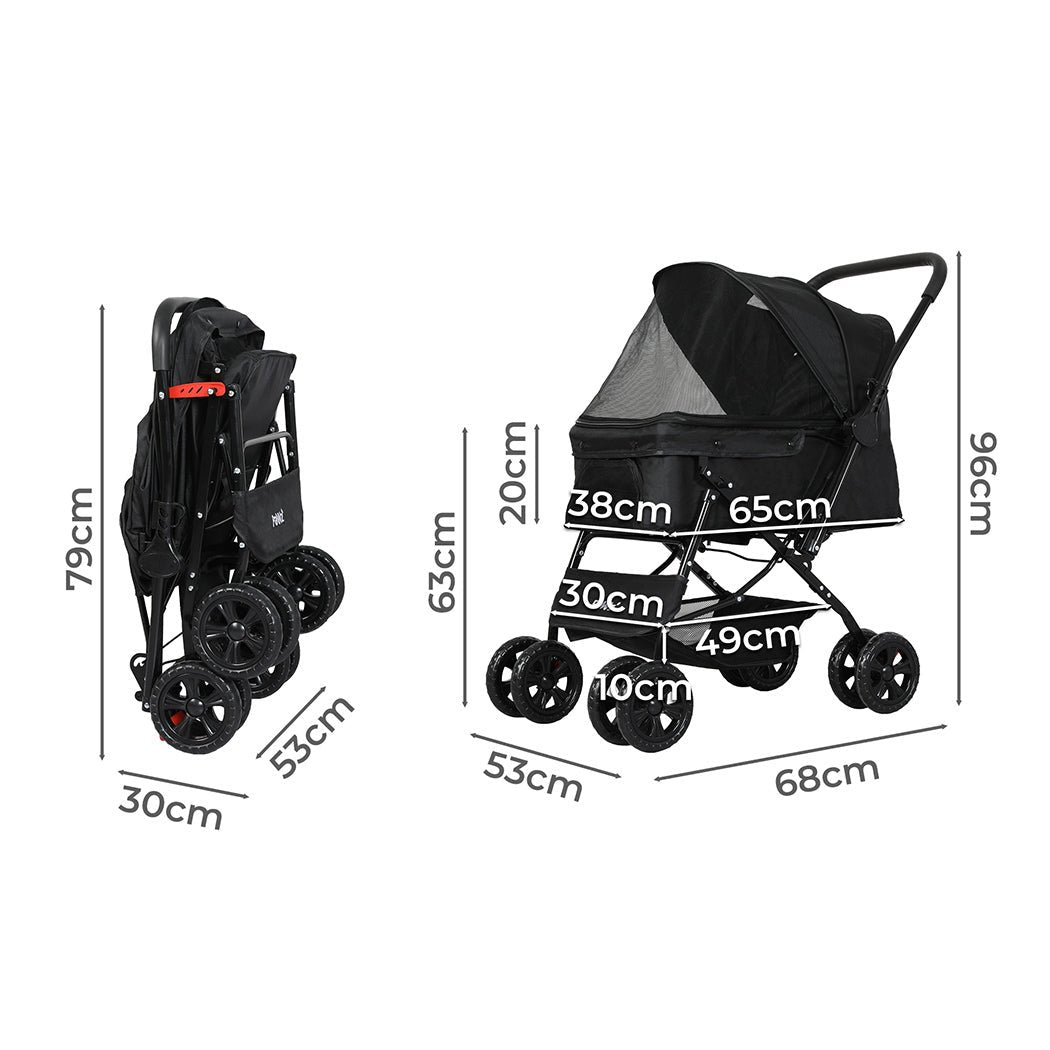 Foldable Pet Stroller Dog Cat Carrier with Storage Basket - Black - Rivercity House & Home Co. (ABN 18 642 972 209) - Affordable Modern Furniture Australia